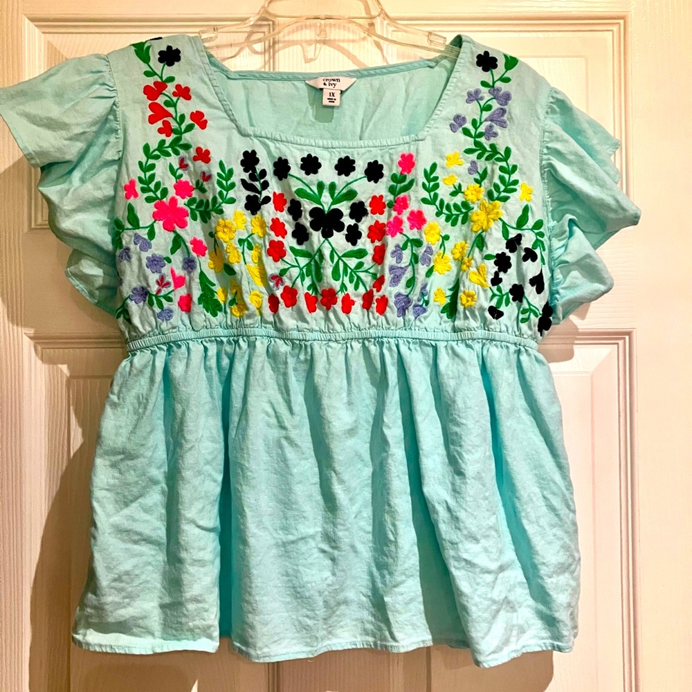Embroidered flutter sleeve blouse